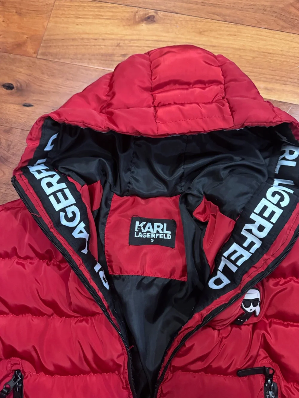 Karl Lagerfeld Red Hooded Puffer Jacket with Icon Patch- size s